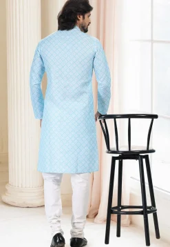 Digital Printed Cotton Kurta Set in Sky Blue