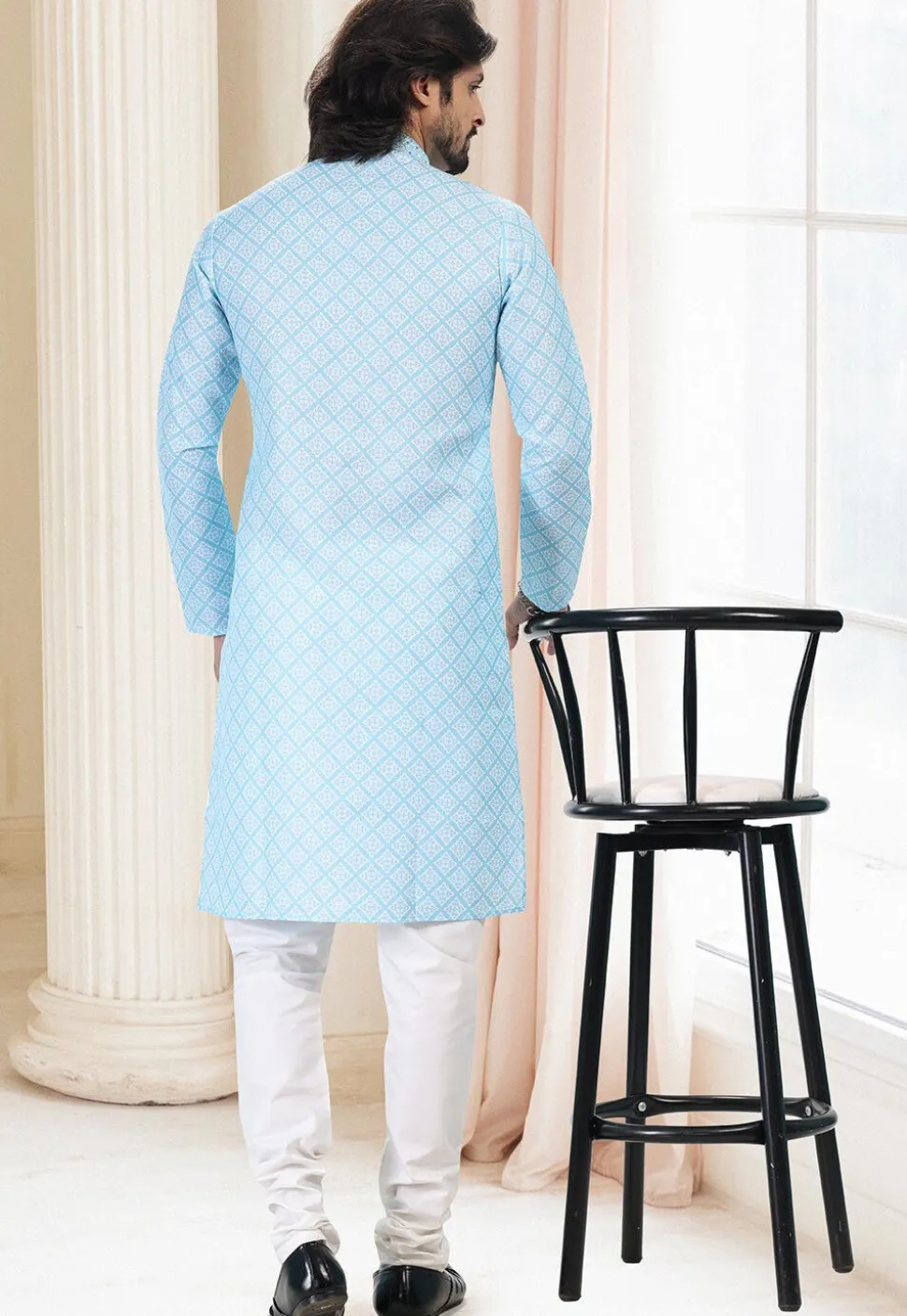 Digital Printed Cotton Kurta Set in Sky Blue