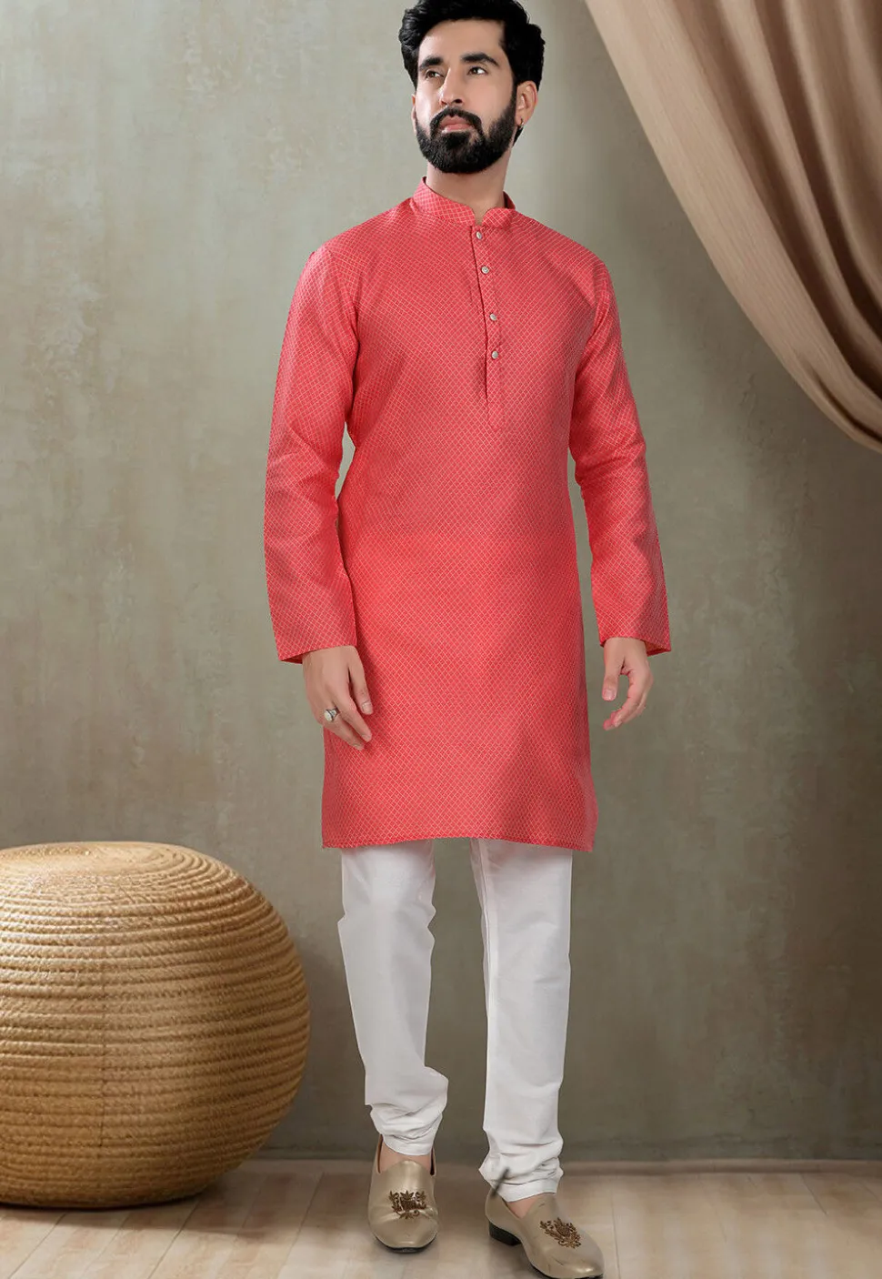Digital Printed Cotton Kurta in Red