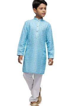 Digital Printed Cotton Kurta Set in Sky Blue
