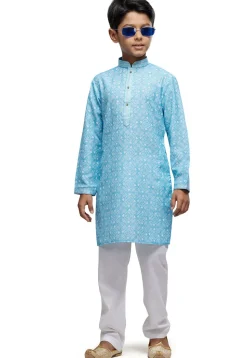 Digital Printed Cotton Kurta Set in Sky Blue