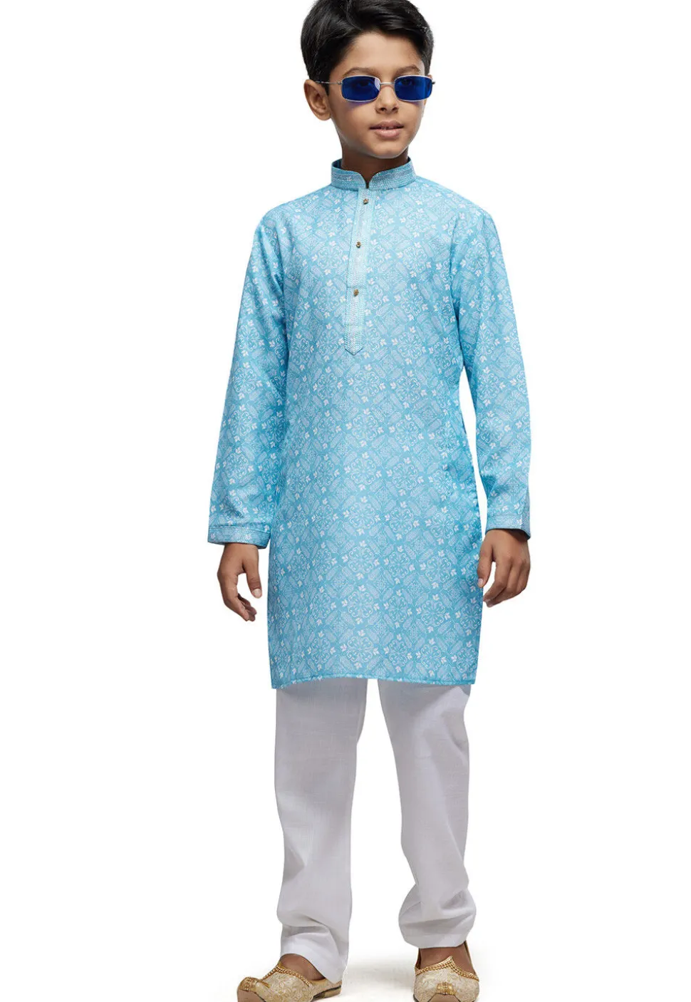 Digital Printed Cotton Kurta Set in Sky Blue
