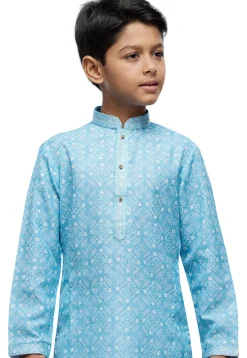 Digital Printed Cotton Kurta Set in Sky Blue