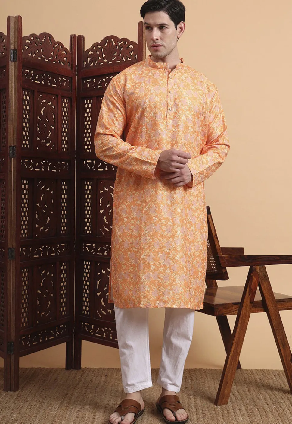 Digital Printed Cotton Kurta in Orange