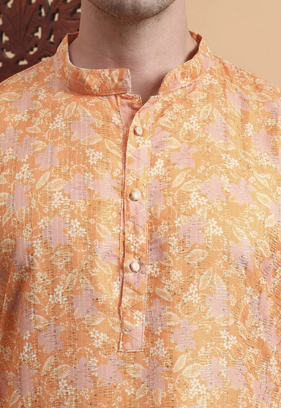 Digital Printed Cotton Kurta in Orange