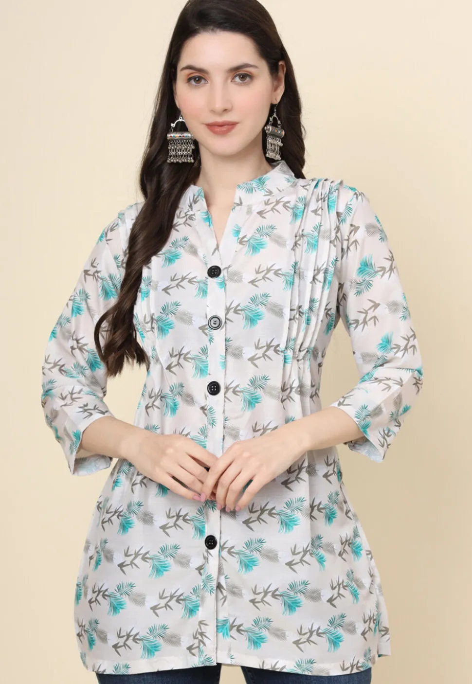 Digital Printed Cotton Kurti in Off White