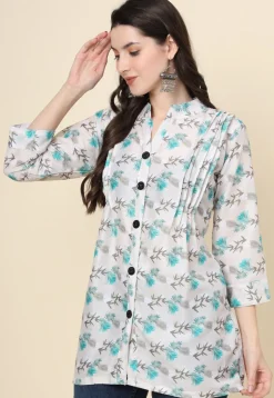 Digital Printed Cotton Kurti in Off White