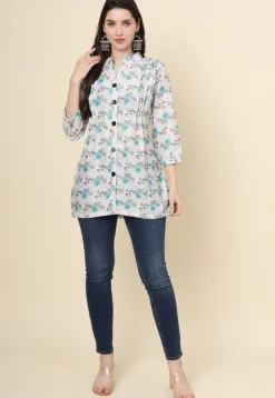 Digital Printed Cotton Kurti in Off White