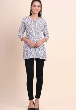 Digital Printed Cotton Kurti in Off White