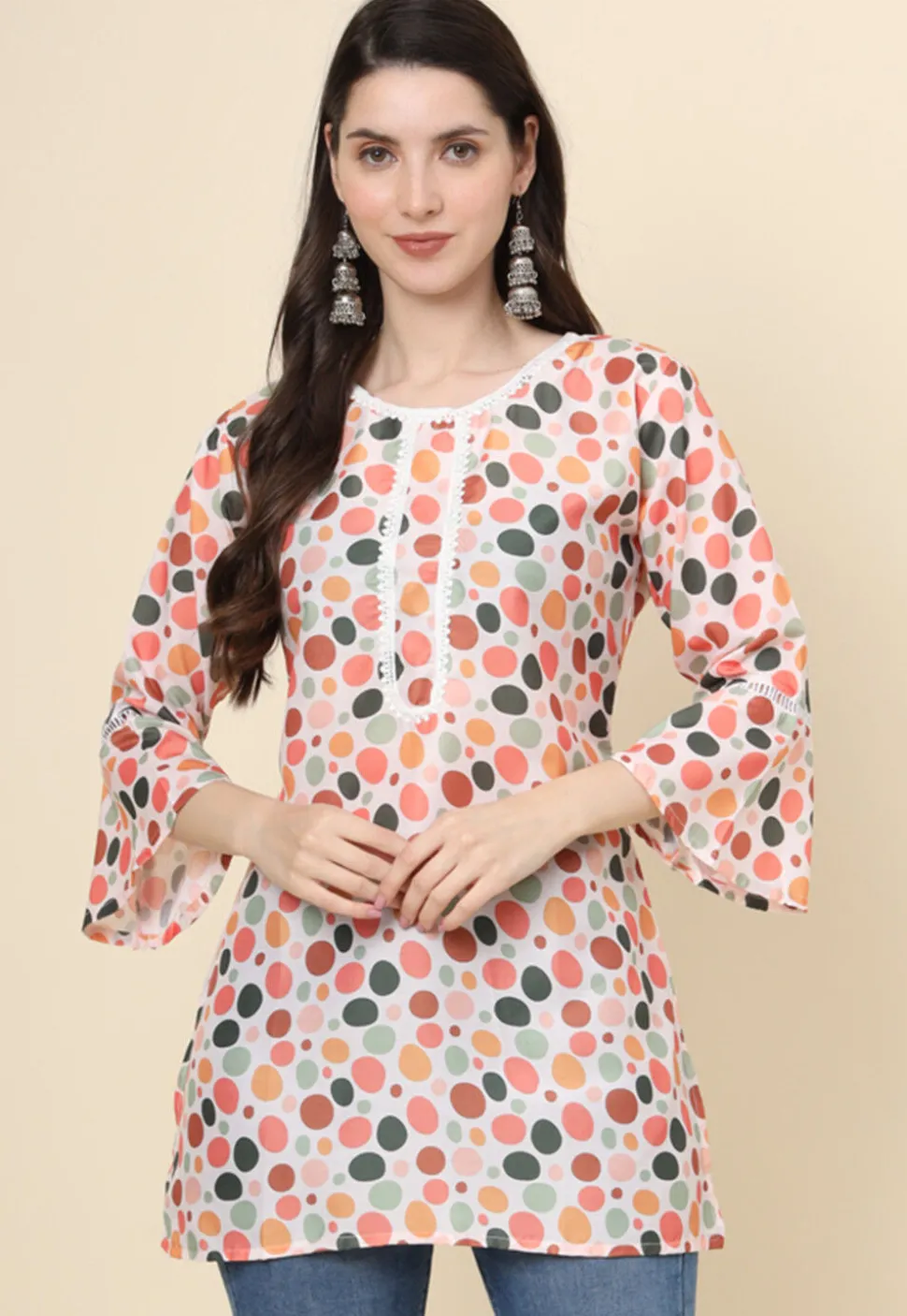Digital Printed Cotton Kurti in Off White