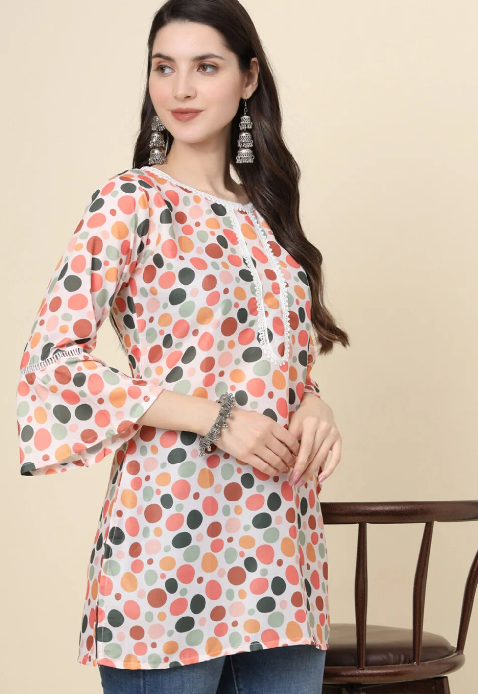 Digital Printed Cotton Kurti in Off White