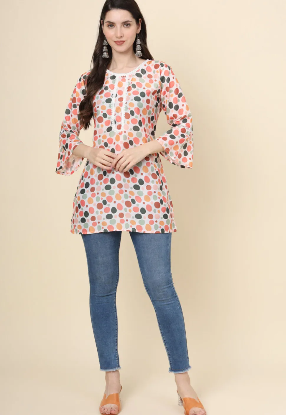 Digital Printed Cotton Kurti in Off White