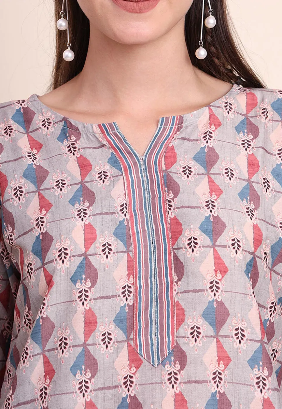 Digital Printed Cotton Kurti in Fawn