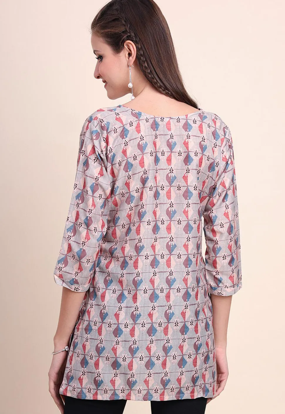 Digital Printed Cotton Kurti in Fawn