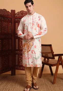 Digital Printed Cotton Kurta in Off White