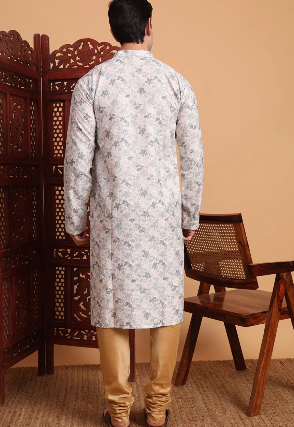 Digital Printed Cotton Kurta in Off White