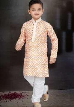 Digital Printed Cotton Kurta Set in Orange and Off White