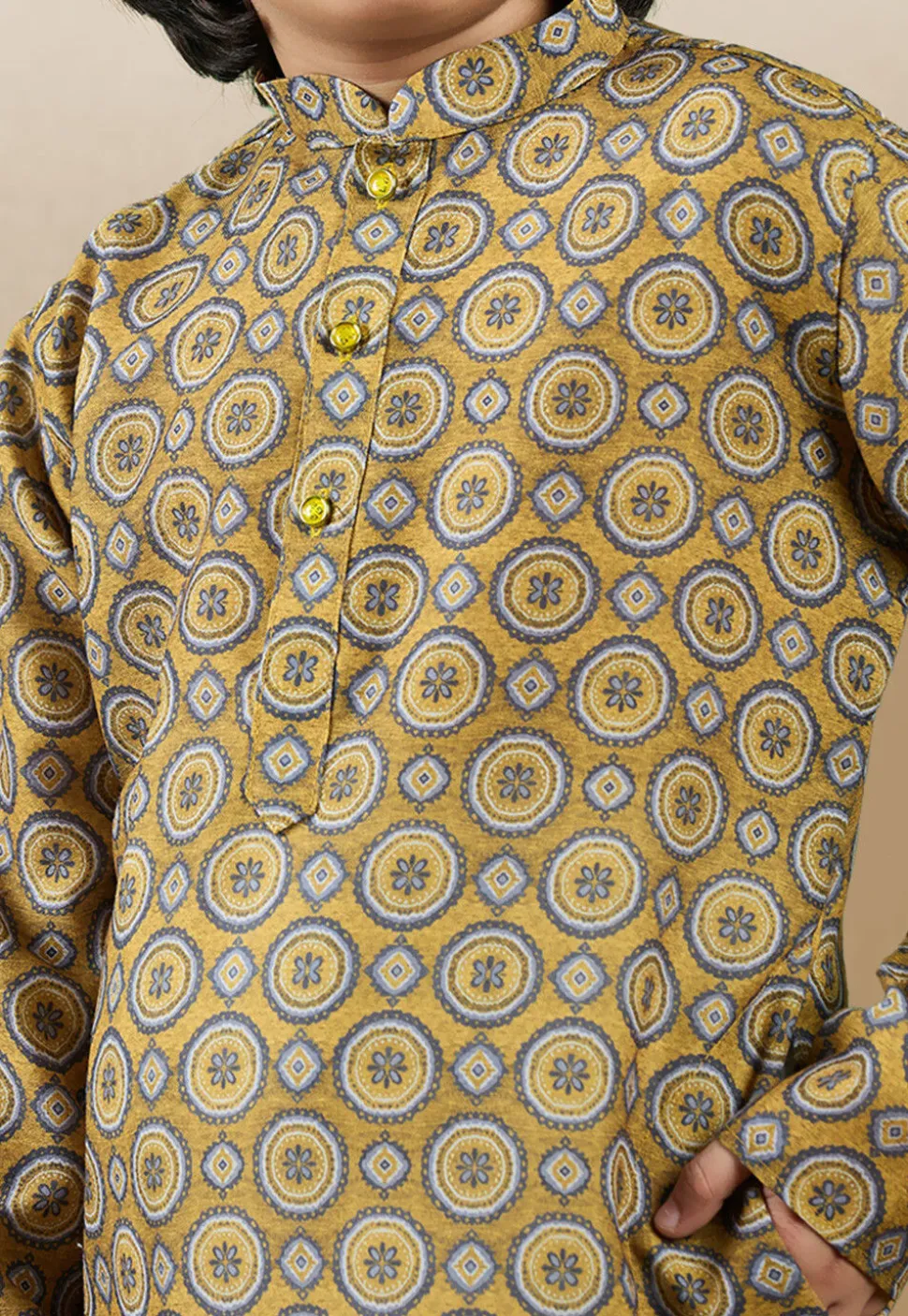 Digital Printed Cotton Kurta in Mustard