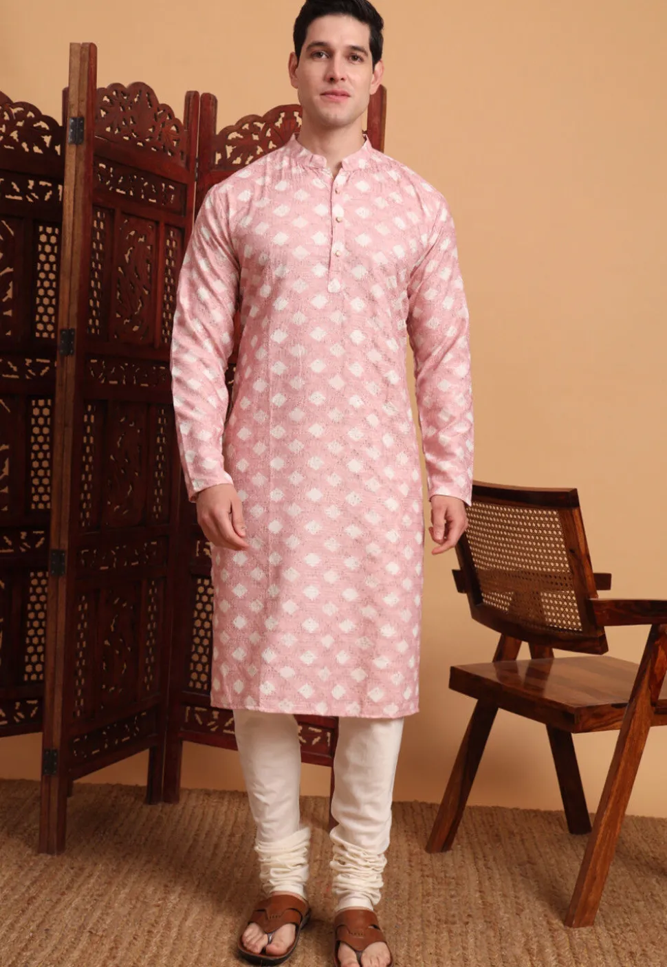 Digital Printed Cotton Kurta in Peach