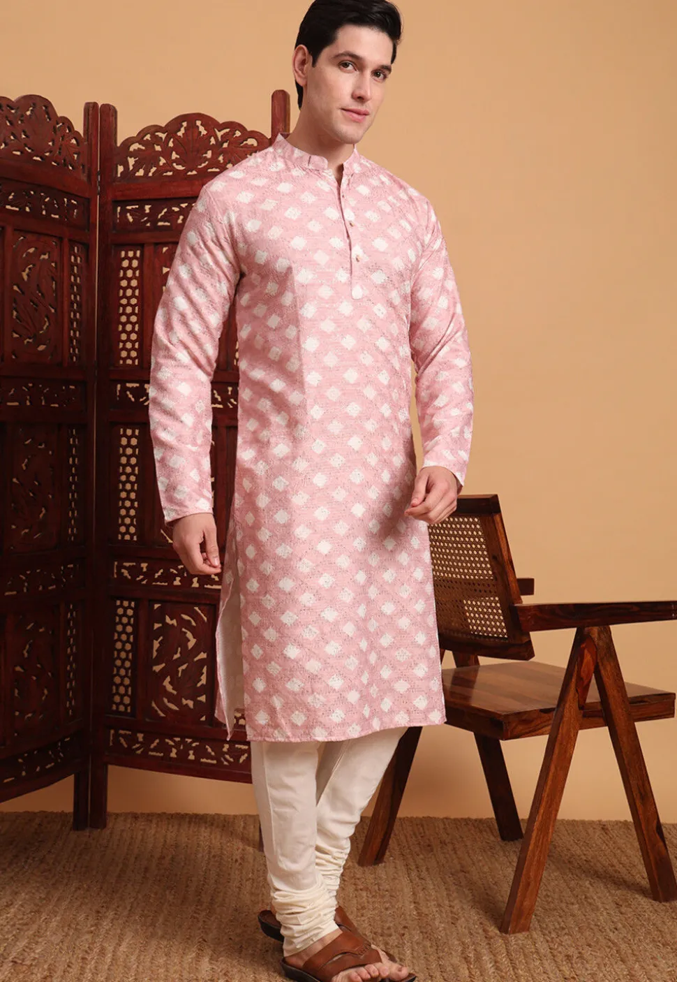 Digital Printed Cotton Kurta in Peach