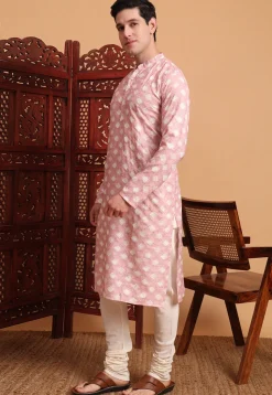 Digital Printed Cotton Kurta in Peach