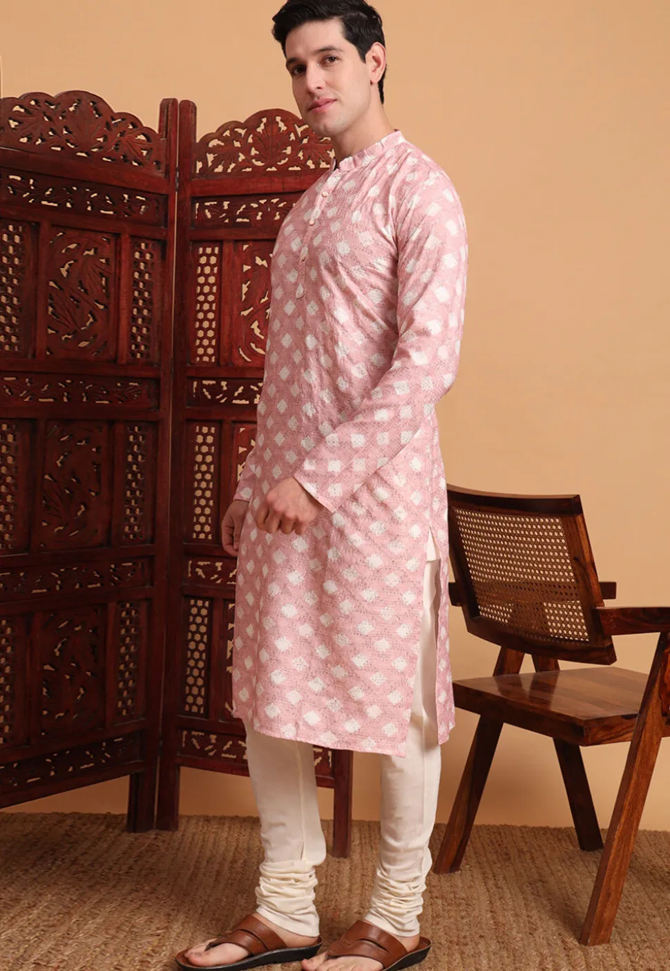 Digital Printed Cotton Kurta in Peach