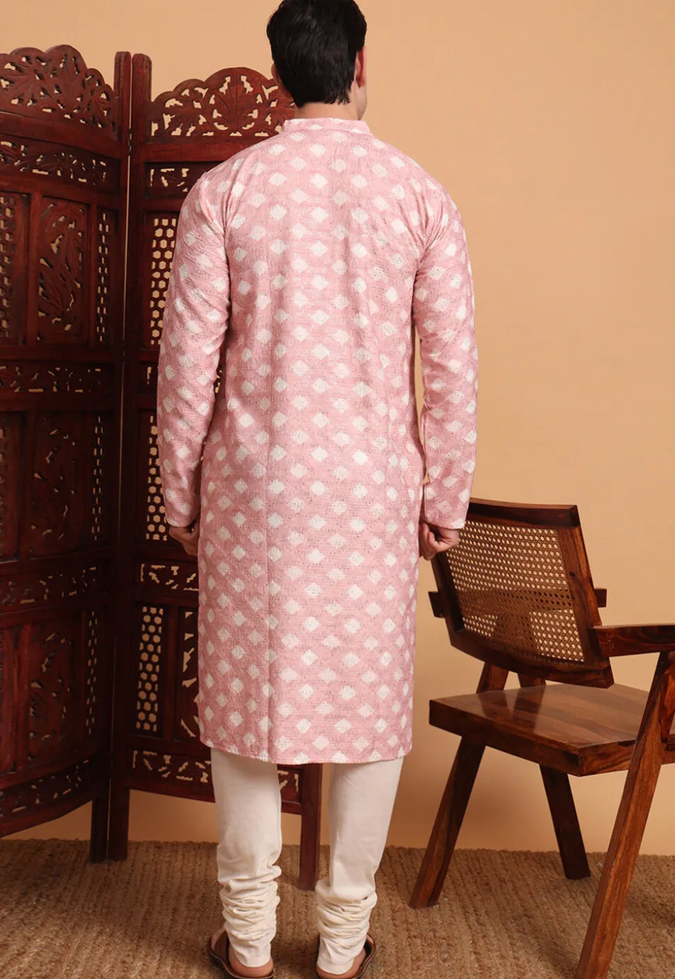 Digital Printed Cotton Kurta in Peach