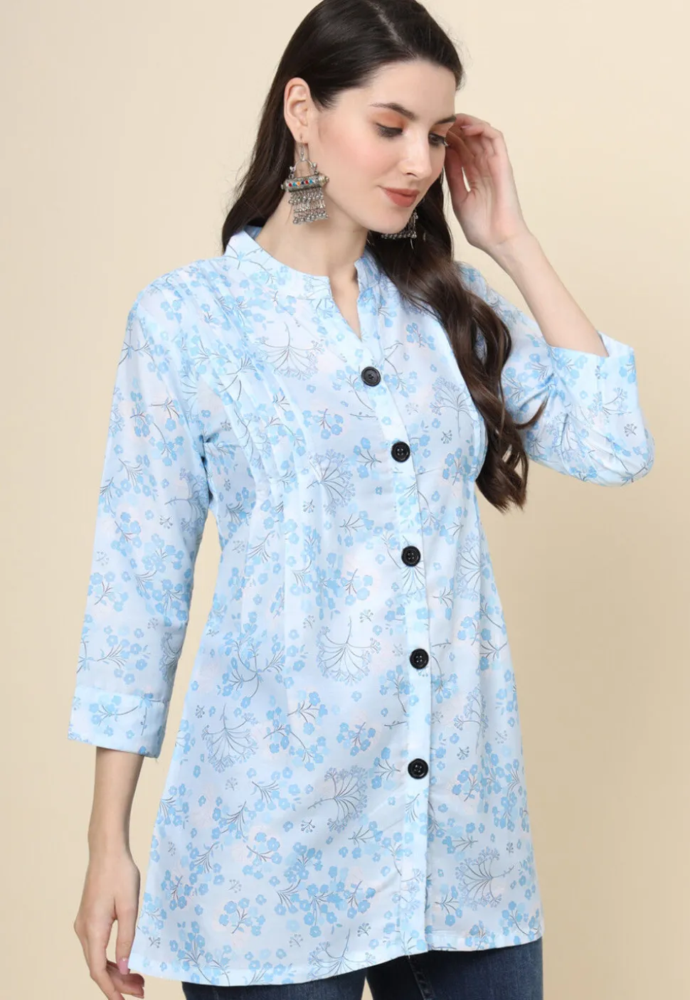 Digital Printed Cotton Kurti in Sky Blue