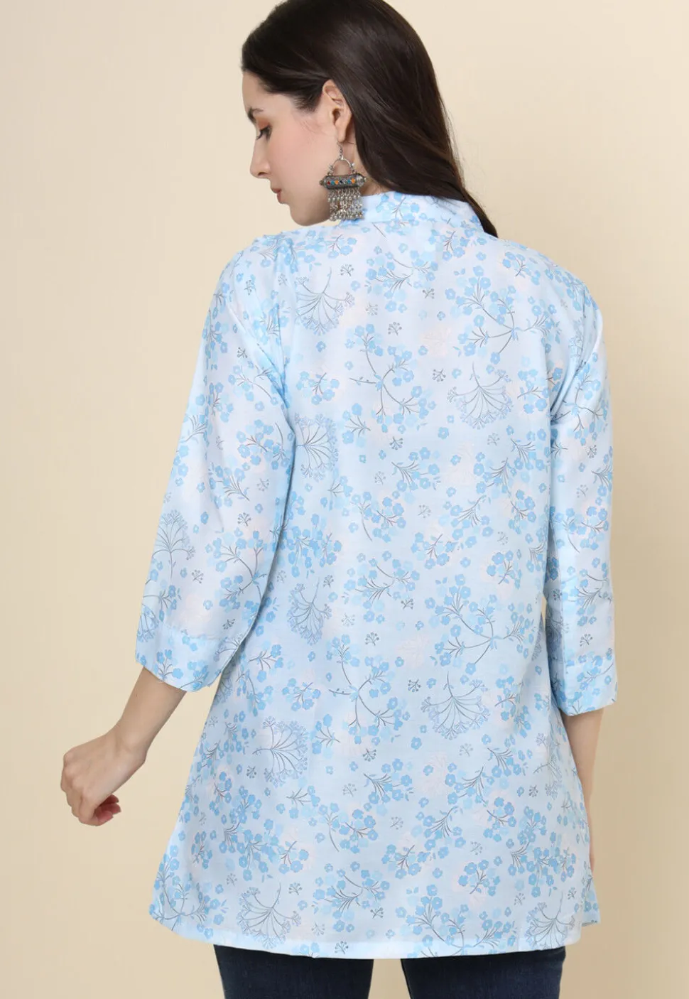 Digital Printed Cotton Kurti in Sky Blue