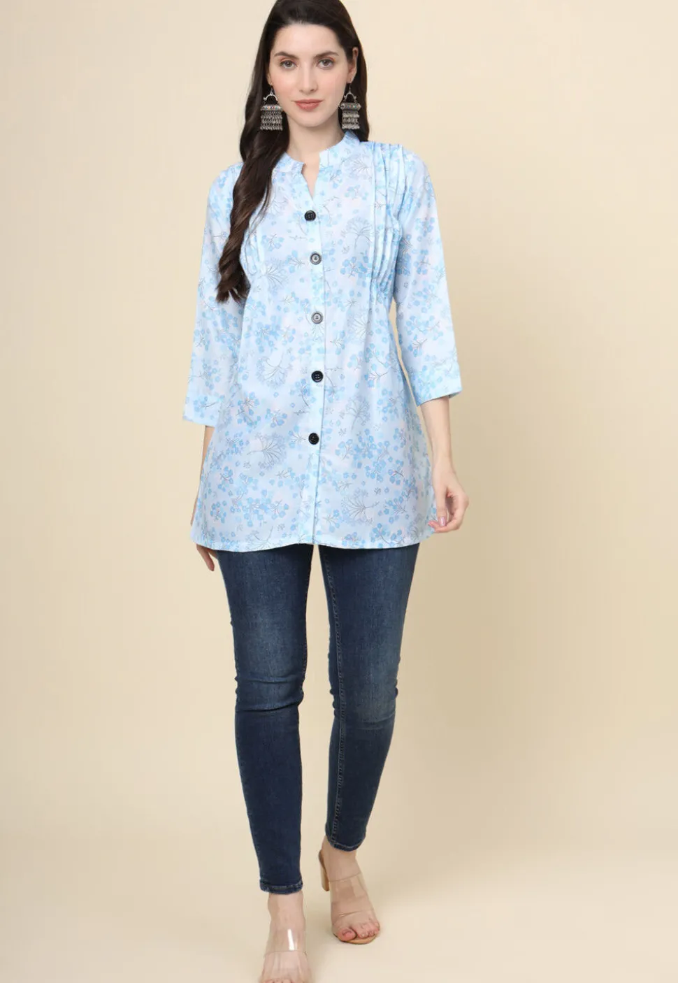 Digital Printed Cotton Kurti in Sky Blue
