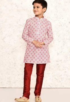Digital Printed Cotton Kurta Set in White