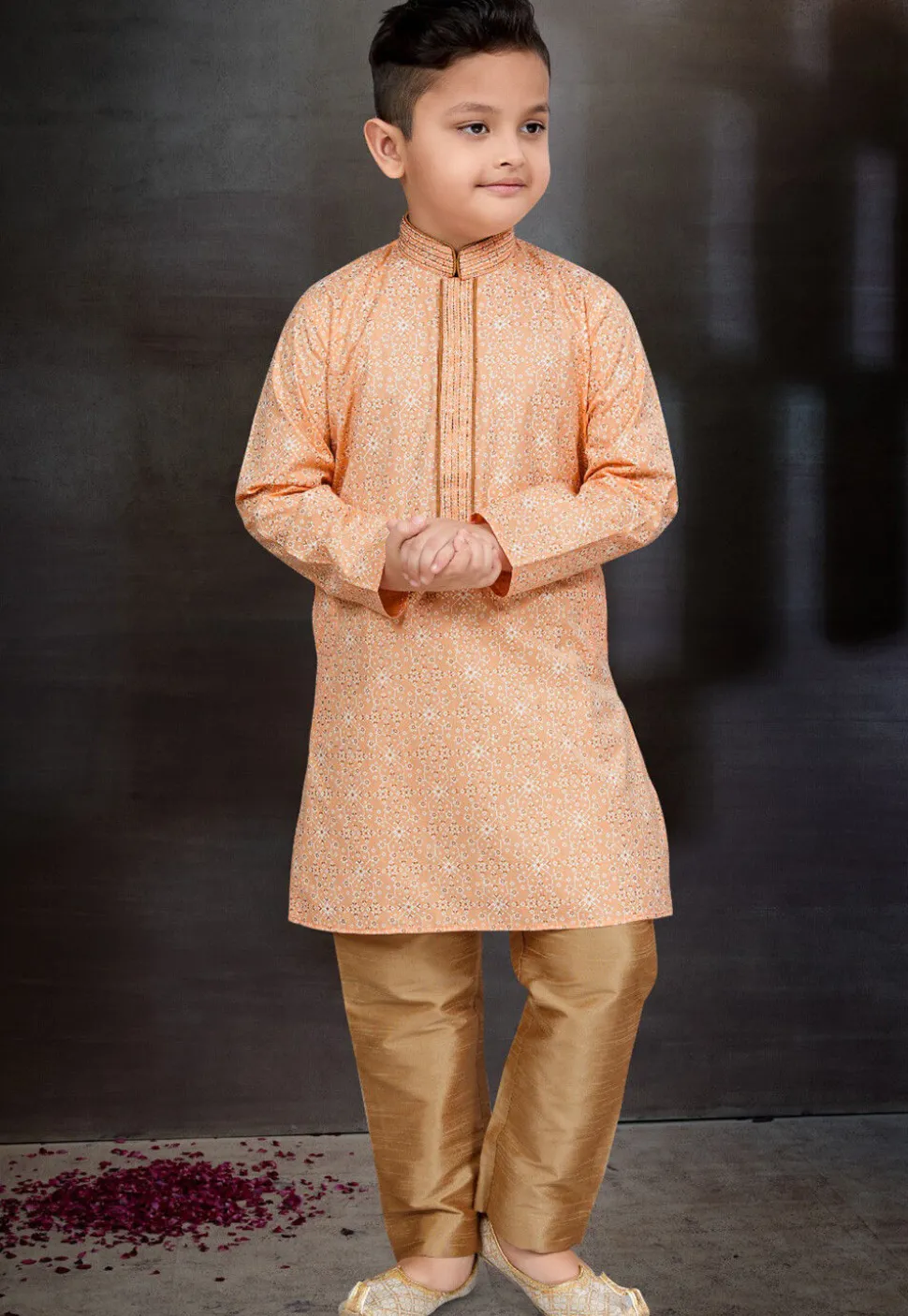 Digital Printed Cotton Kurta Set in Peach