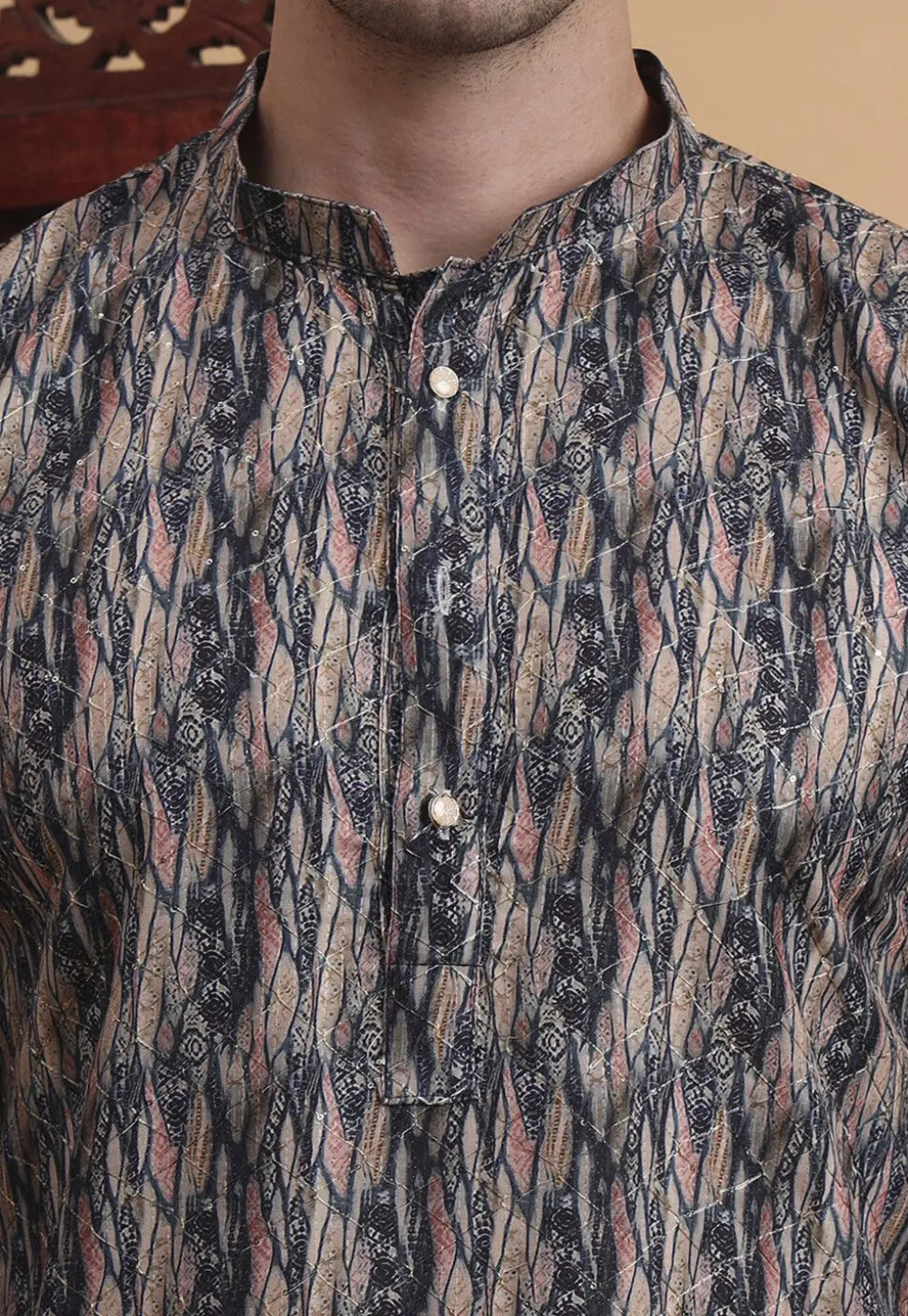 Digital Printed Cotton Kurta in Grey