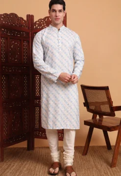 Digital Printed Cotton Kurta in Off White and Blue