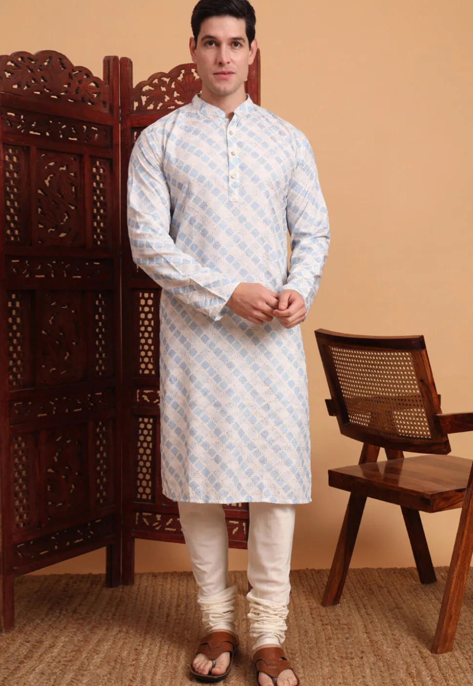 Digital Printed Cotton Kurta in Off White and Blue