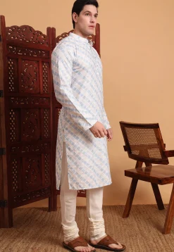 Digital Printed Cotton Kurta in Off White and Blue