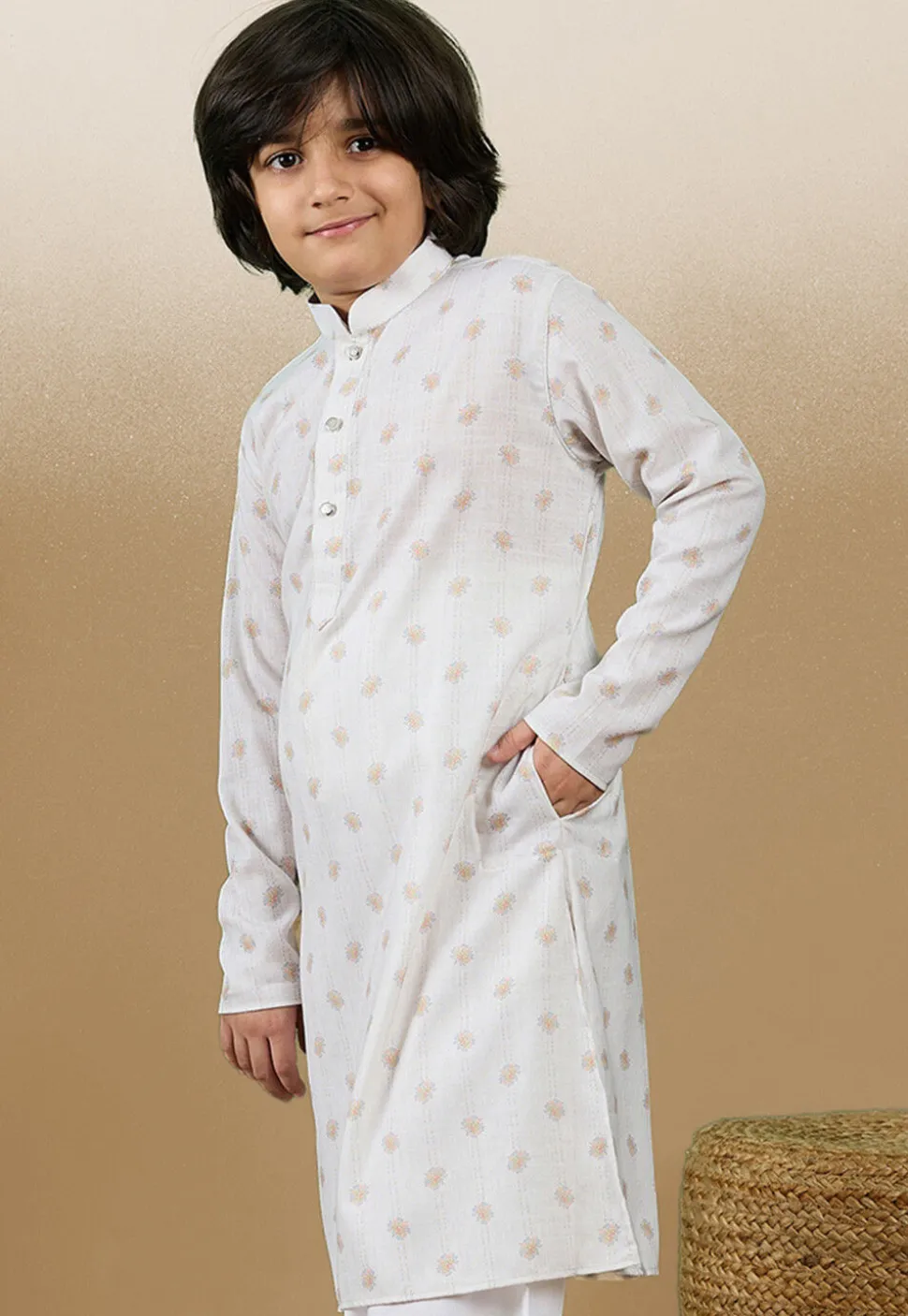 Digital Printed Cotton Kurta in Off White