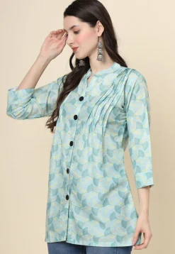 Digital Printed Cotton Kurti in Sea Green