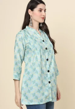 Digital Printed Cotton Kurti in Sea Green