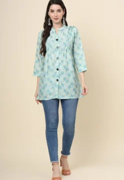 Digital Printed Cotton Kurti in Sea Green