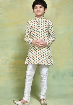 Digital Printed Cotton Kurta Set in White