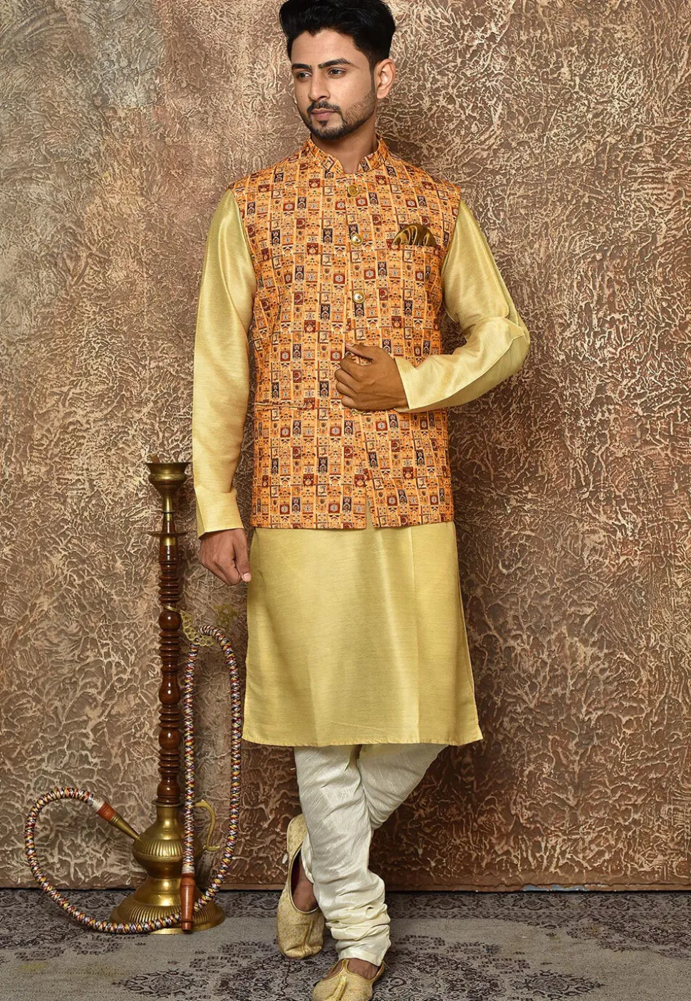 Digital Printed Cotton Linen Nehru Jacket in Mustard