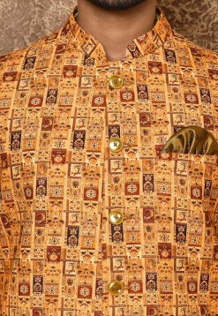 Digital Printed Cotton Linen Nehru Jacket in Mustard