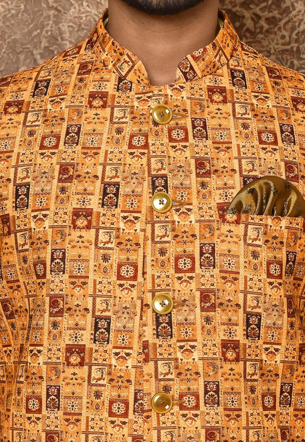 Digital Printed Cotton Linen Nehru Jacket in Mustard