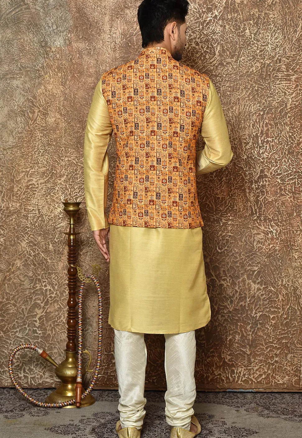 Digital Printed Cotton Linen Nehru Jacket in Mustard