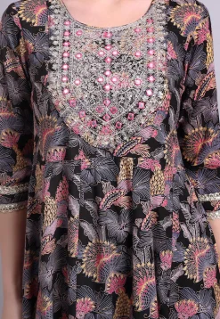 Digital Printed Cotton Long Kurta in Black