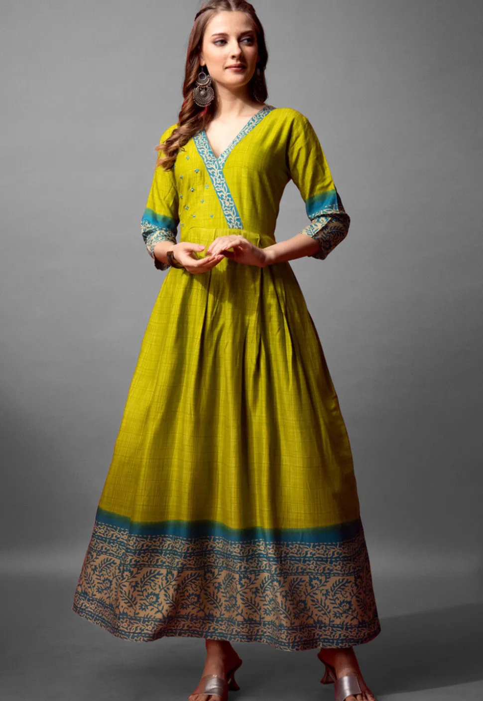 Digital Printed Cotton Long Kurta in Olive Green