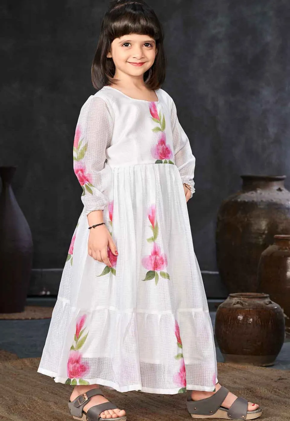 Digital Printed Cotton Maxi Dress in Off White