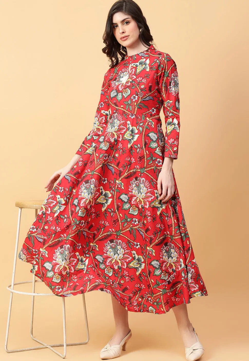 Digital Printed Cotton Maxi Dress in Red