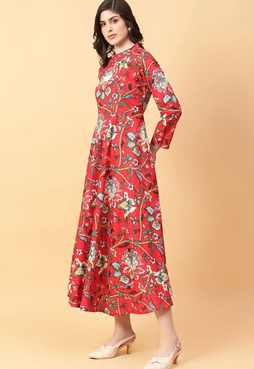 Digital Printed Cotton Maxi Dress in Red